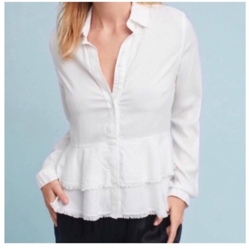 Anthropologie Cloth & Stone White Tiered Frayed Peplum Blouse Tunic Small - Picture 1 of 11